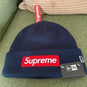 Supreme Dark Blue Knit Hat with Red Logo